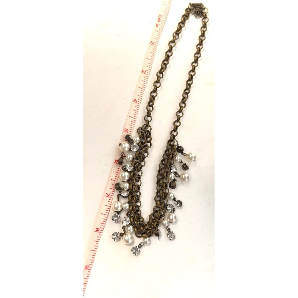 Brass Tone Faux Pearl Rhinestone Multi Strand Bib Necklace